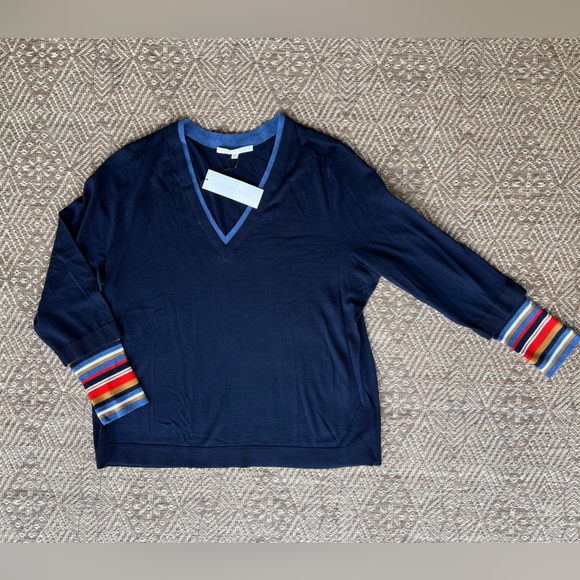 NWT Veronica Beard‎ Navy Contrast V Neck Pullover Wool Sweater 3XL - Picture 1 of 7